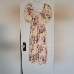 Floral Puff Sleeve Midi Dress - Yellow with Pink Roses